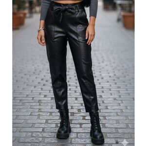 Joie Faux Leather Pants High Rise Tie Waist Crop Tummy Control Black S Edgy Goth